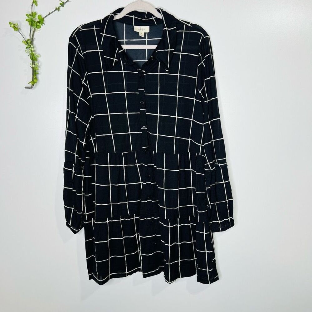 Style & Co Black White Check Mini Dress Tunic Long sleeve